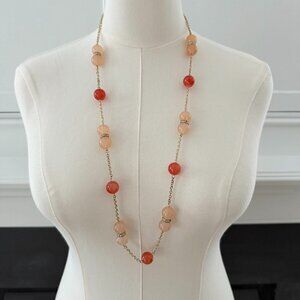✨ Vintage-Inspired Beaded Chain Necklace – Peach & Coral with Rhinestone Accents